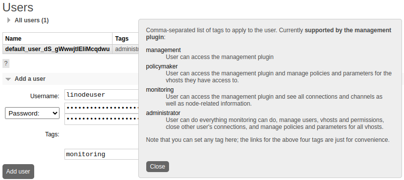 The Add User form in the RabbitMQ web interface, allowing input for username, password, and permission tags.