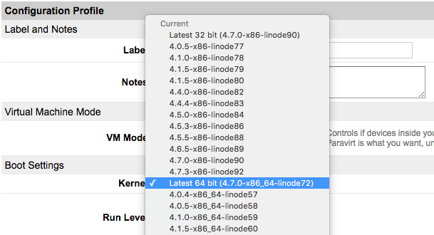 Select the latest 64-bit kernel from the dropdown menu. Select the latest 64-bit kernel from the dropdown menu.